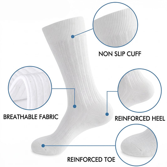 Men’s Cotton Ribbed Dress Socks – 10 Pairs, Calf High, Breathable, White