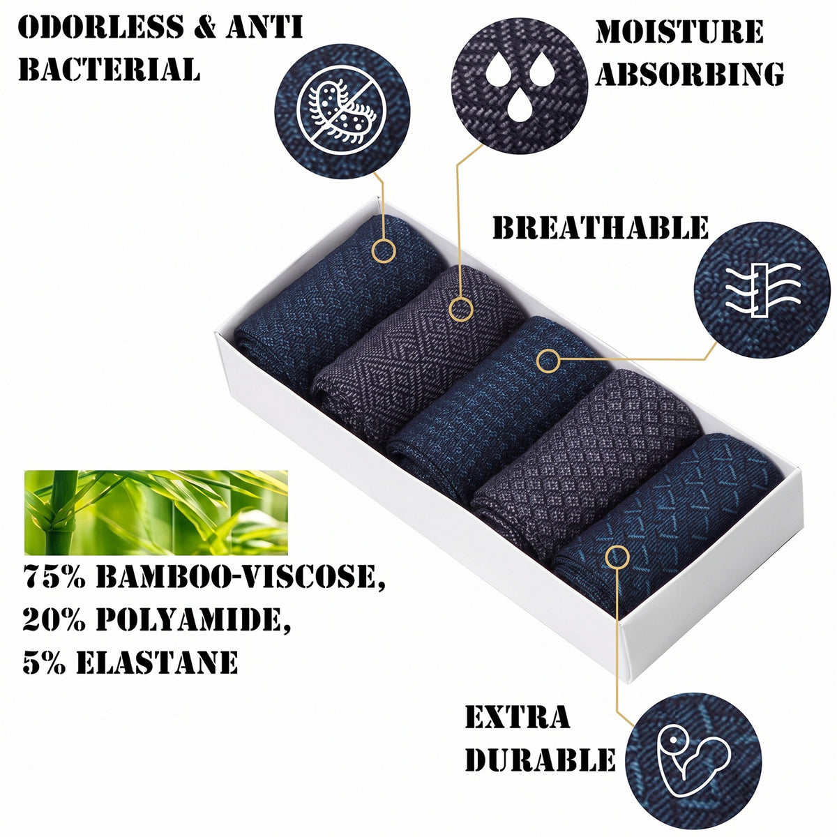 Men’s Bamboo Crew Socks – 5 Pairs, Blue, Grey & Black