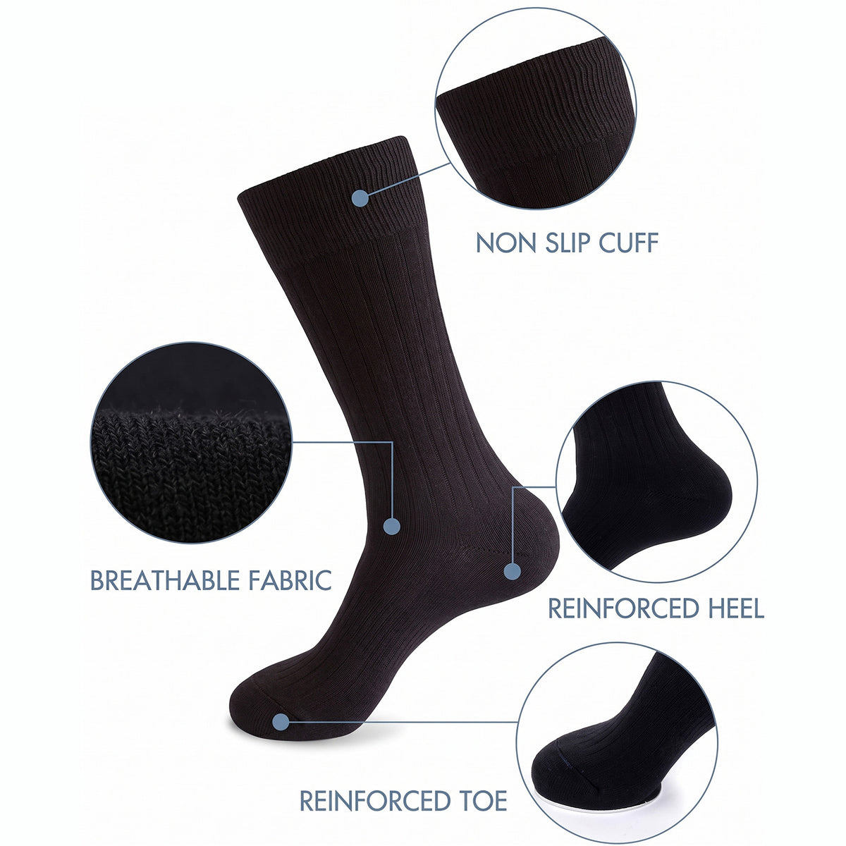 Men’s Cotton Ribbed Dress Socks – 10 Pairs, Calf High, Breathable, Black