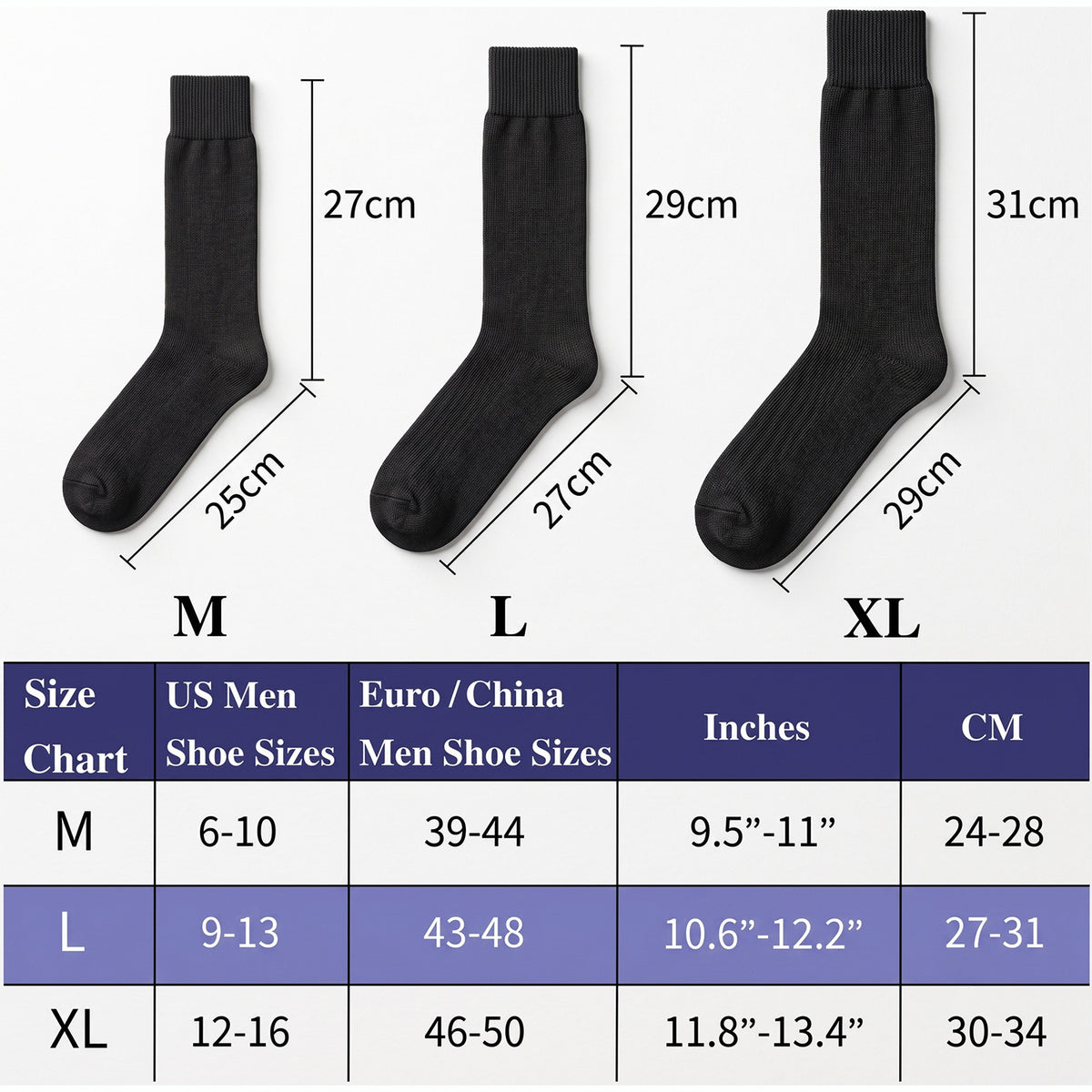 Men’s Cotton Ribbed Dress Socks – 10 Pairs, Calf High, Breathable, Navy