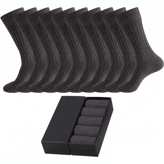 Men’s Cotton Ribbed Dress Socks – 10 Pairs, Calf High, Breathable, Dark Grey