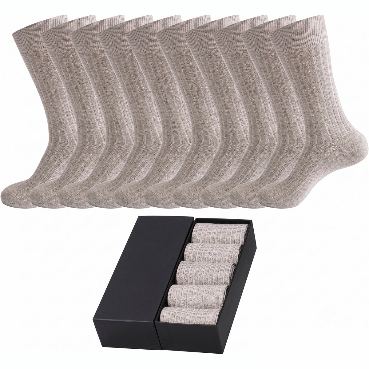 Men’s Cotton Ribbed Dress Socks – 10 Pairs, Calf High, Breathable, Light Grey
