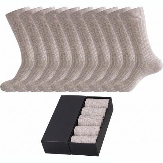 Men’s Cotton Ribbed Dress Socks – 10 Pairs, Calf High, Breathable, Light Grey