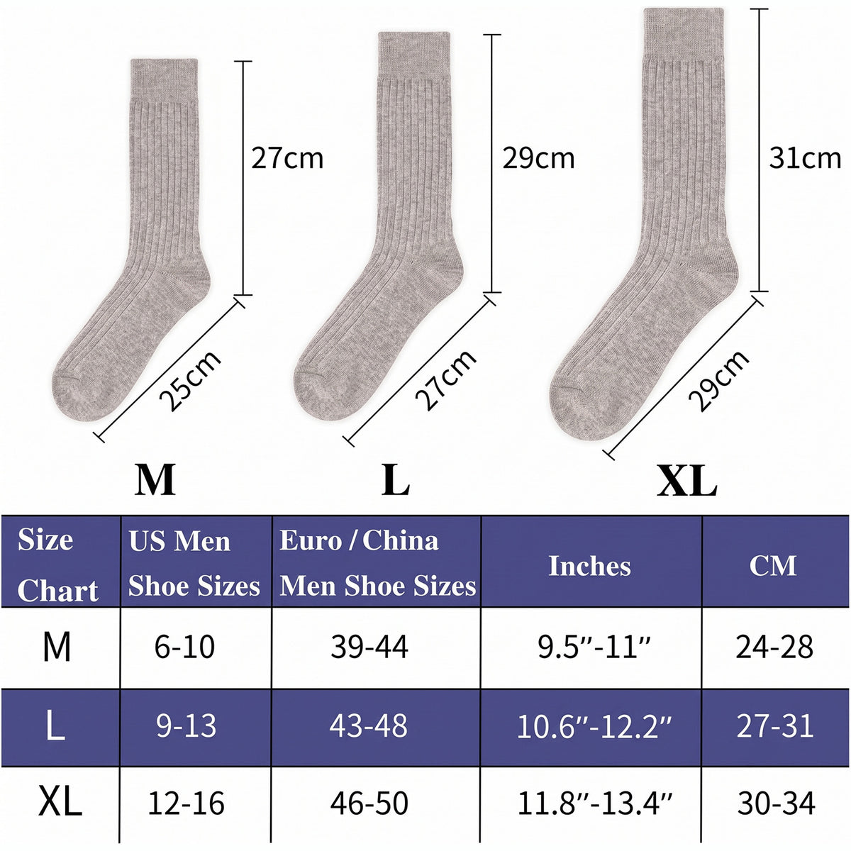 Men’s Cotton Ribbed Dress Socks – 10 Pairs, Calf High, Breathable, Light Grey
