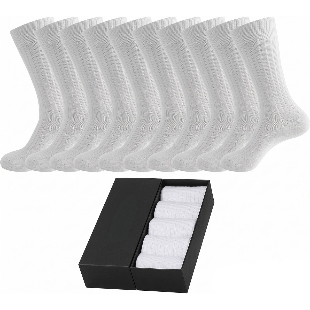 Men’s Cotton Ribbed Dress Socks – 10 Pairs, Calf High, Breathable, White
