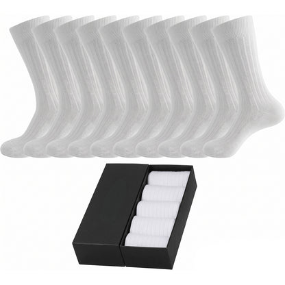 Men’s Cotton Ribbed Dress Socks – 10 Pairs, Calf High, Breathable, White