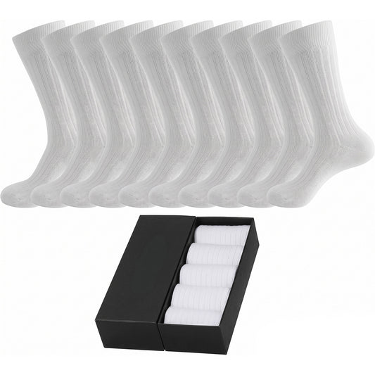 Men’s Cotton Ribbed Dress Socks – 10 Pairs, Calf High, Breathable, White