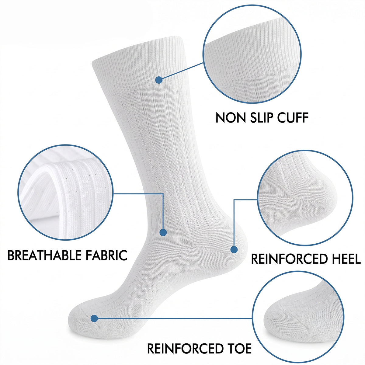 Men’s Cotton Ribbed Dress Socks – 10 Pairs, Calf High, Breathable, White