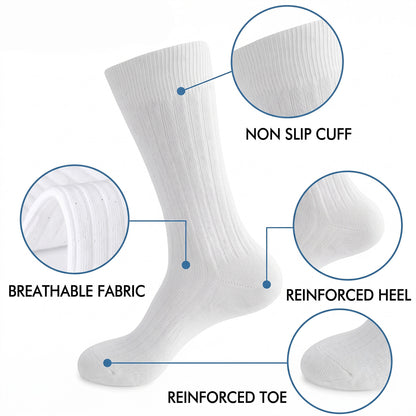 Men’s Cotton Ribbed Dress Socks – 10 Pairs, Calf High, Breathable, White