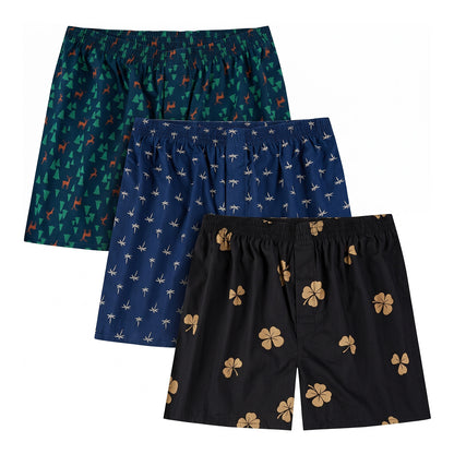 Men’s 100% Cotton Boxer Shorts – 3 Pack, Loose Fit, Woven Underwear, Leaf Print