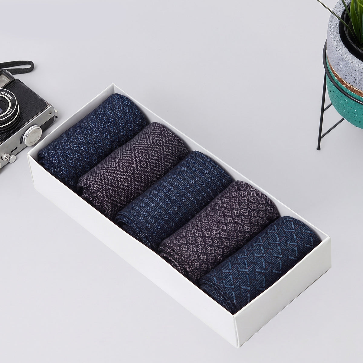Men’s Bamboo Crew Socks – 5 Pairs, Blue, Grey & Black
