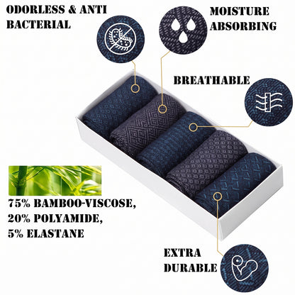 Men’s Bamboo Crew Socks – 5 Pairs, Blue, Grey & Black